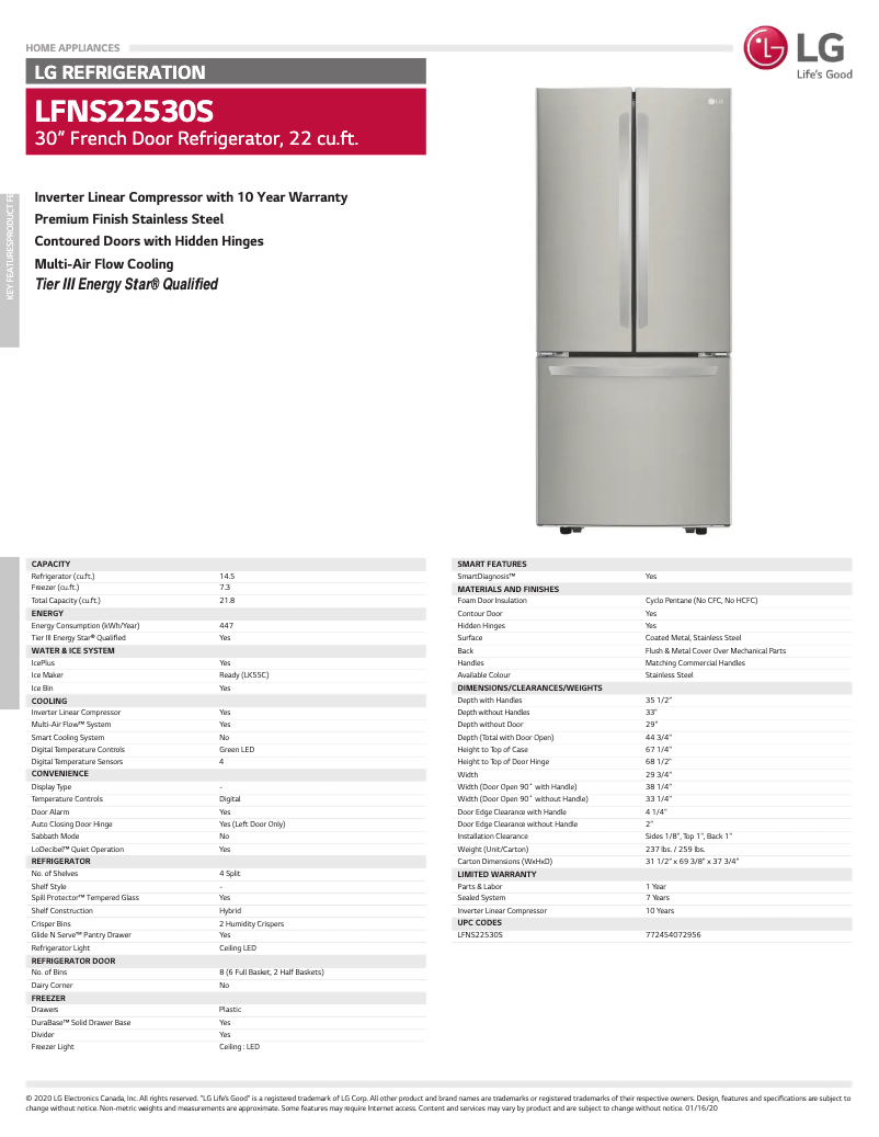 Page 1 of the manual Technical Sheet LG LFNS22530S