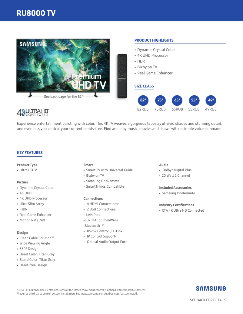 First page image of the manual for UN65RU8000FXZA