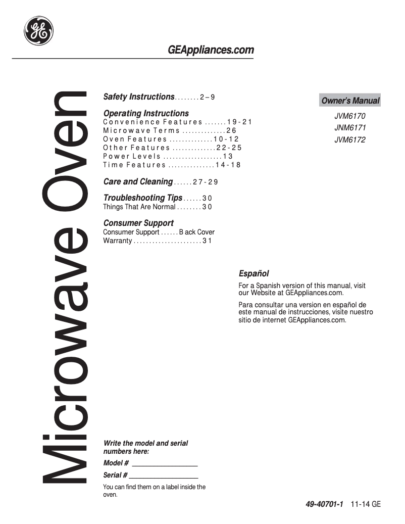 Page 1 of the manual User Manual GE JVM6172SFSS