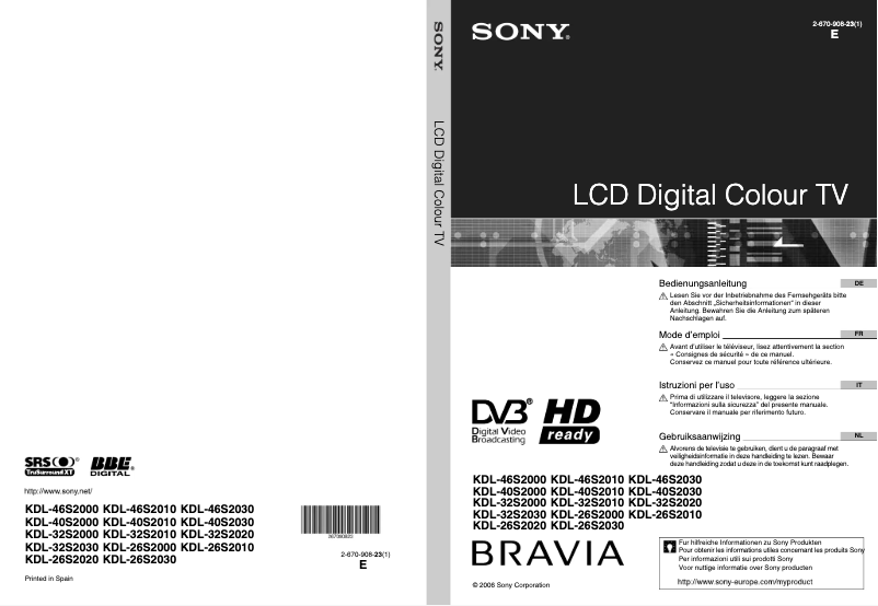 First page image of the manual for Bravia KDL-46S2000