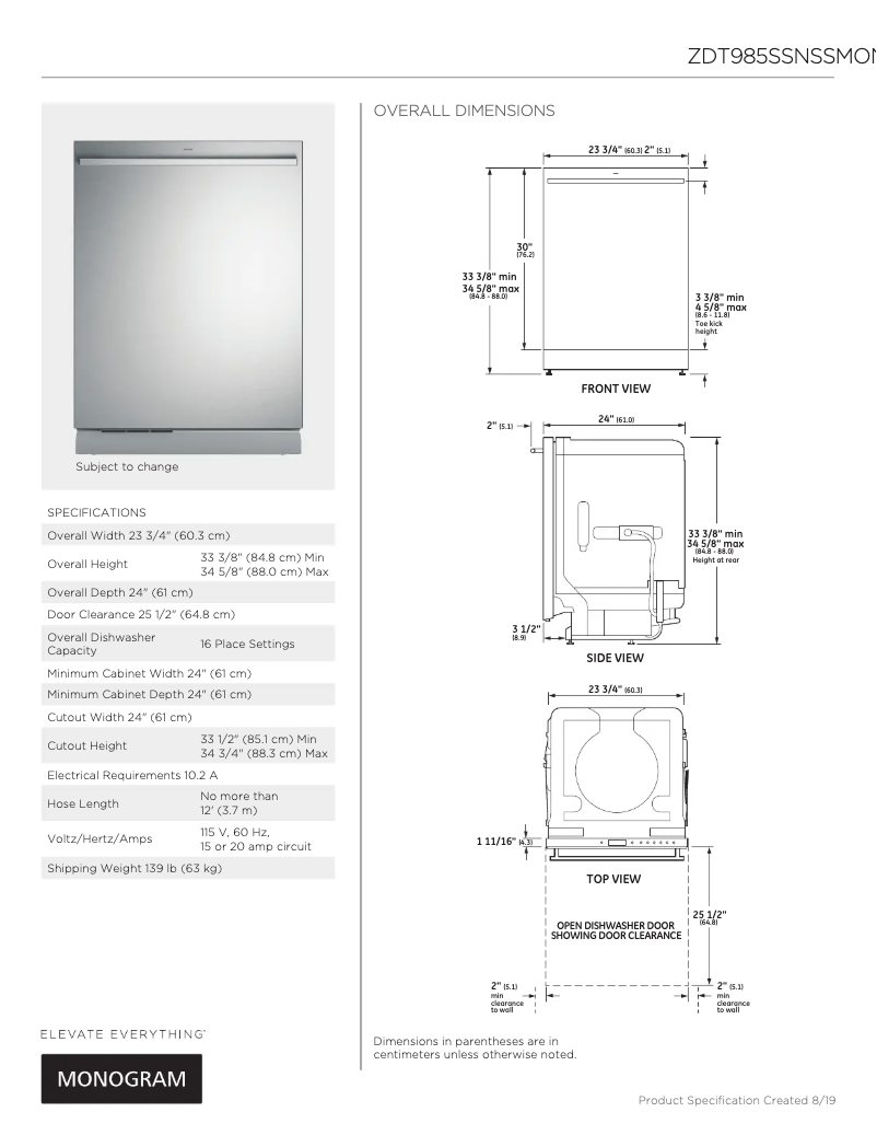 Page 1 of the manual Technical Sheet Monogram ZDT985SSNSS