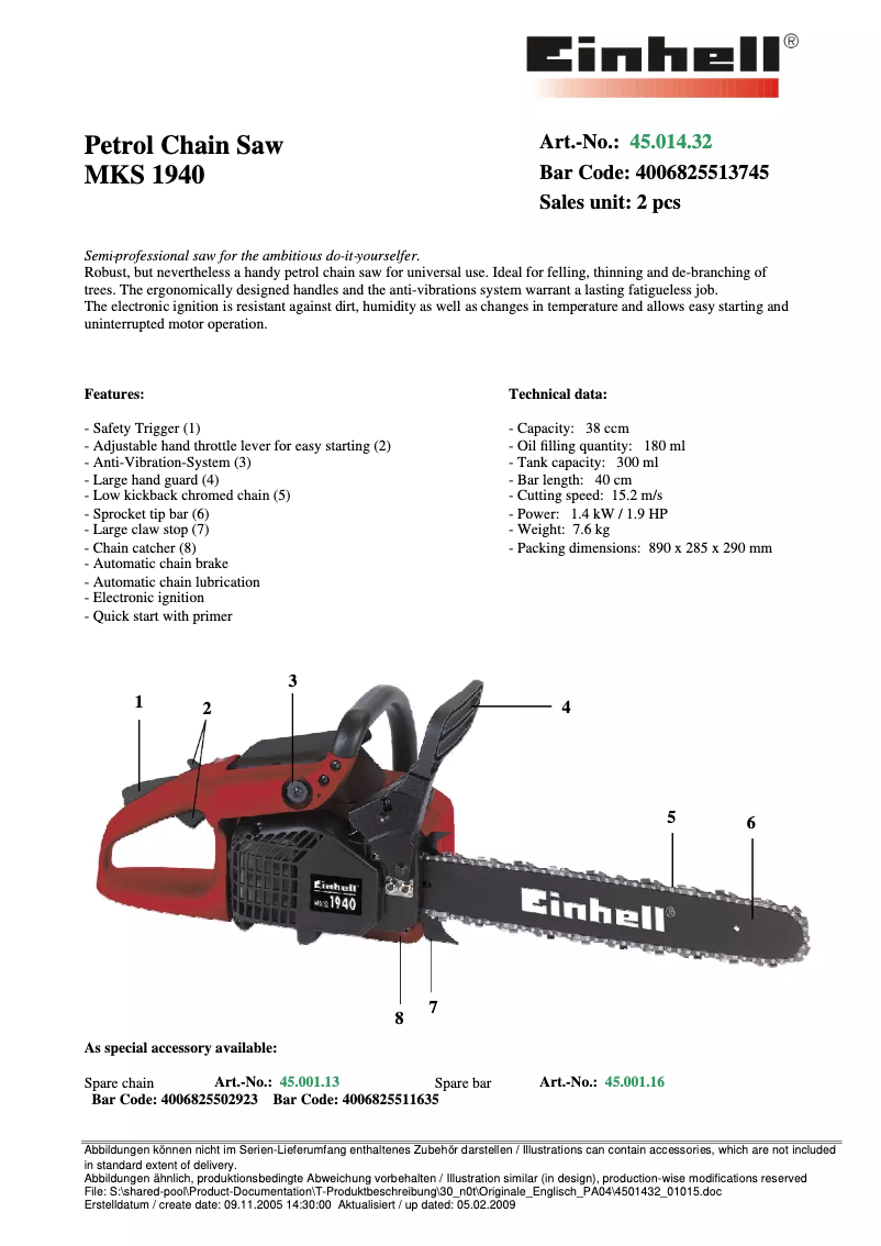 Page 1 of the manual User Manual Einhell MKS 1940