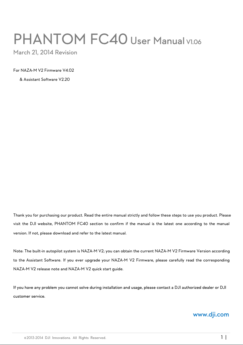 First page image of the manual for Phantom FC40