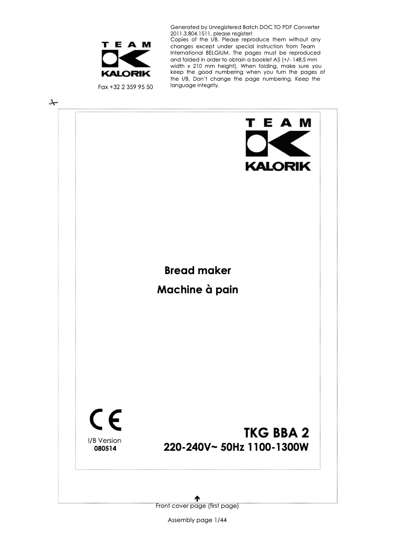 Page 1 of the manual User Manual Kalorik TKG BBA 2