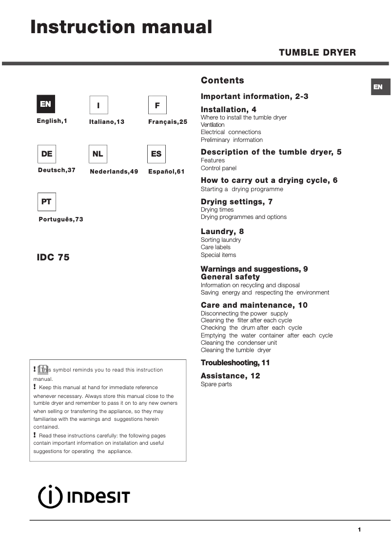 Page 1 of the manual Instruction Manual Indesit IDC 75