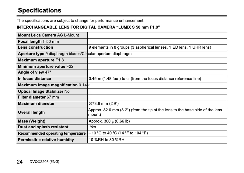 Page 1 of the manual Technical Sheet Panasonic Lumix S-S50