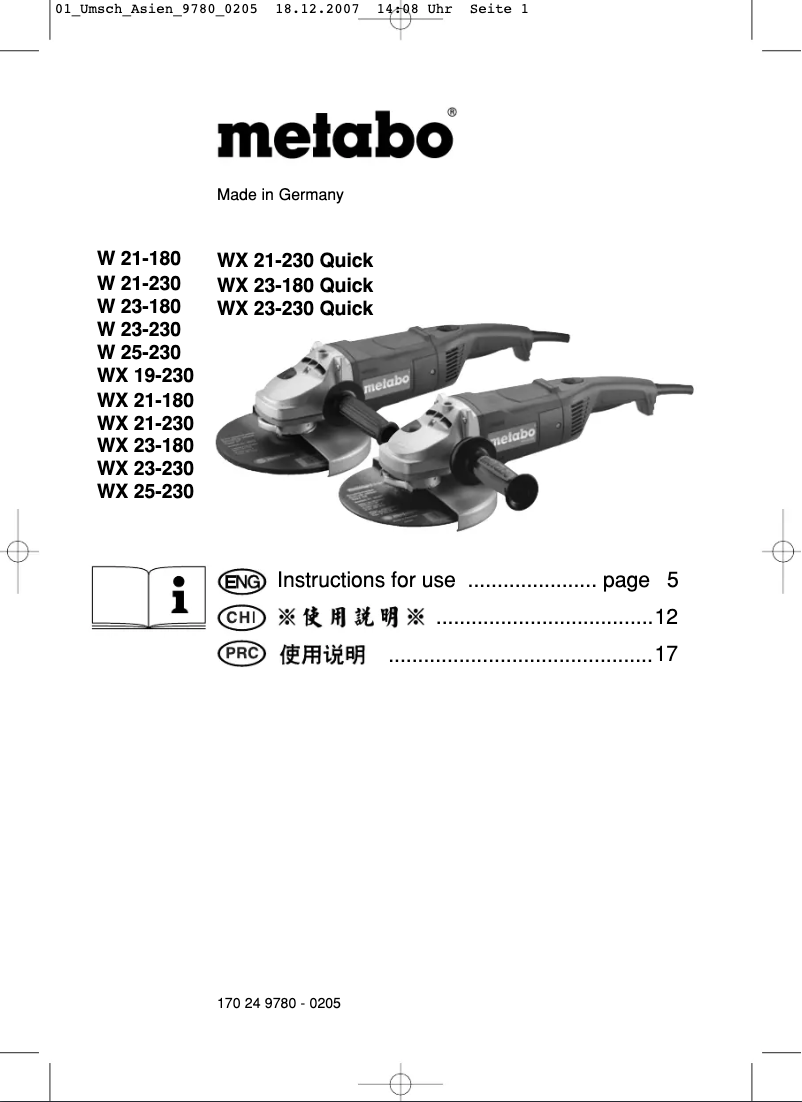 Page 1 of the manual User Manual Metabo W 23-180