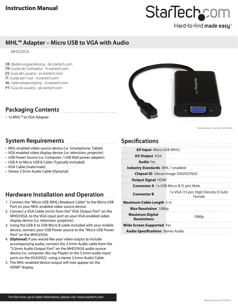 Page 1 of the manual User Manual StarTech.com MHD2VGA