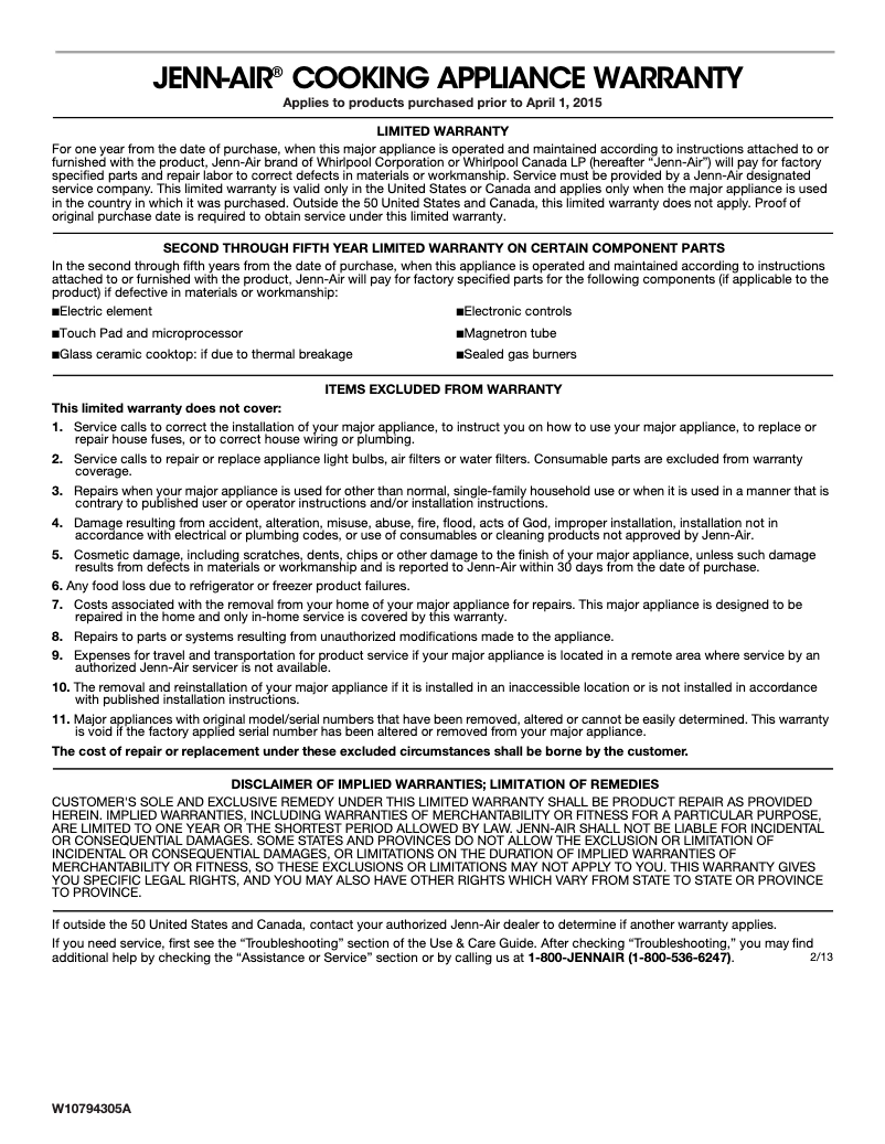 Page 1 of the manual Warranty Information JennAir JMV9196CS