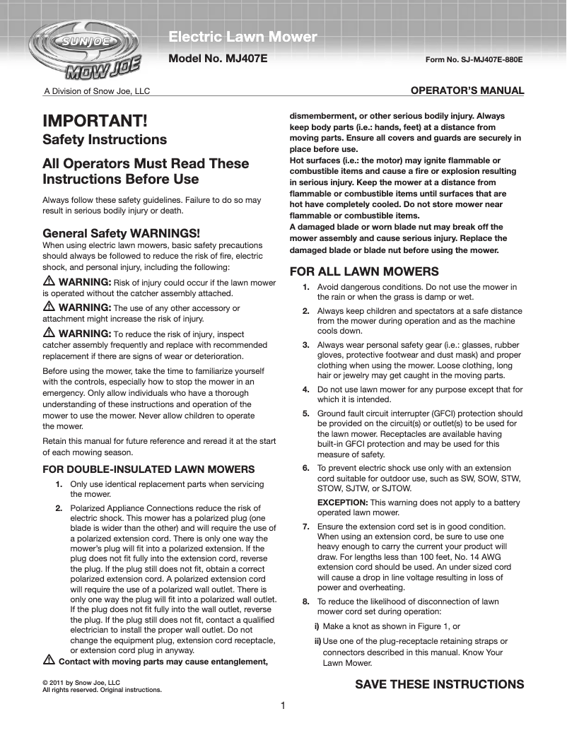 Page 1 of the manual User Manual Snow Joe Mow Joe MJ407E