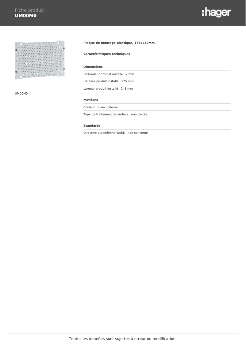 Page 1 of the manual Technical Sheet Hager UM00M0