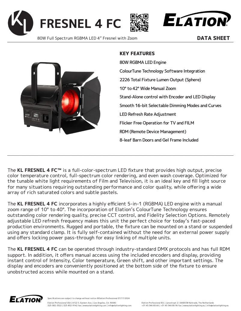 Page 1 de la notice Fiche technique Elation KL FRESNEL 4 FC