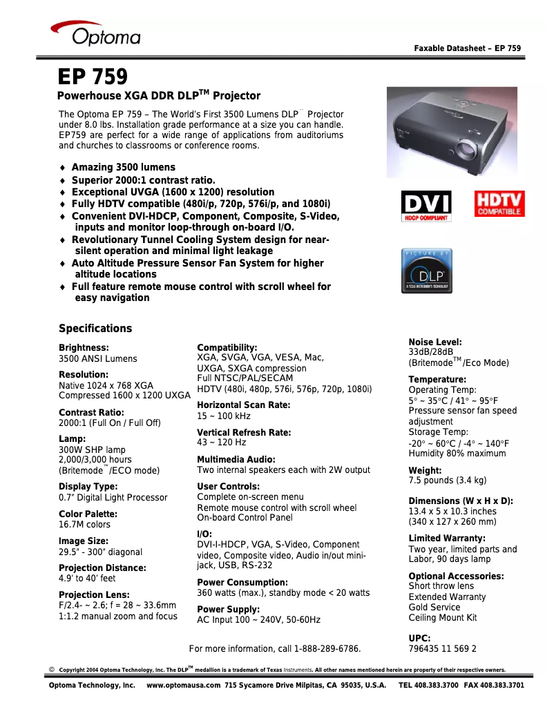 Page 1 of the manual User Manual Optoma EZPRO759