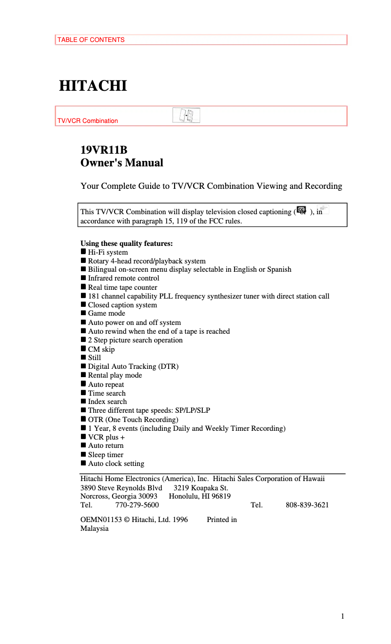 Page 1 of the manual User Manual Hitachi 19VR11B