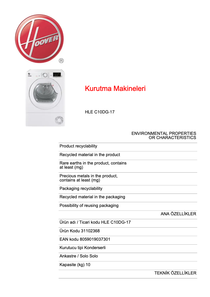 Page 1 of the manual Technical Sheet Hoover HLE C10DG-17