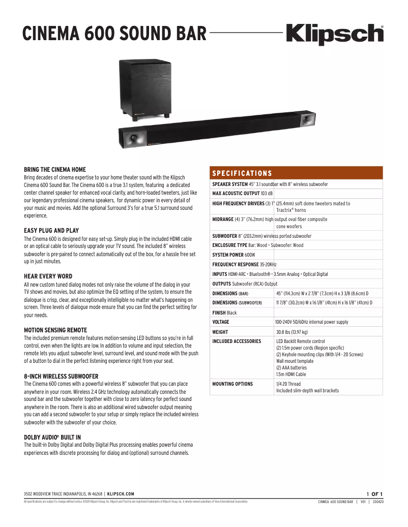 First page image of the manual for Cinema 600