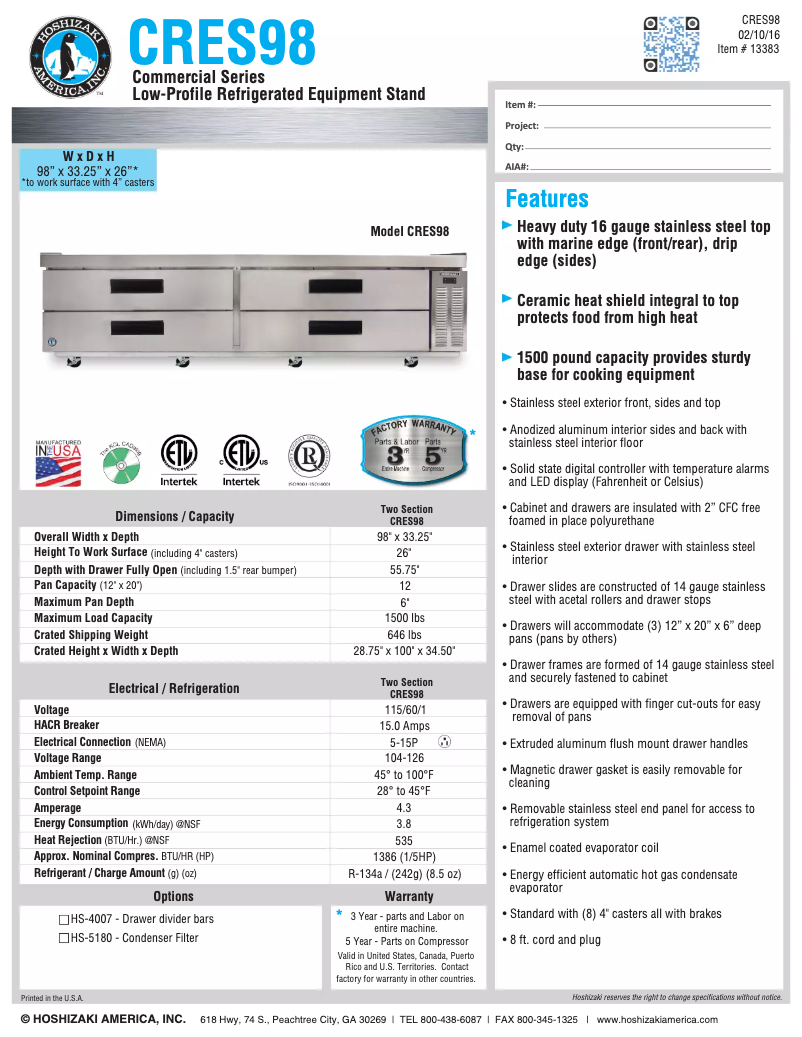 First page image of the manual for Commercial CRES98