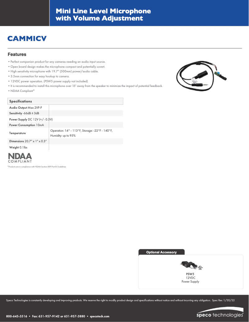 Page 1 of the manual Technical Sheet Speco Technologies CAMMICV