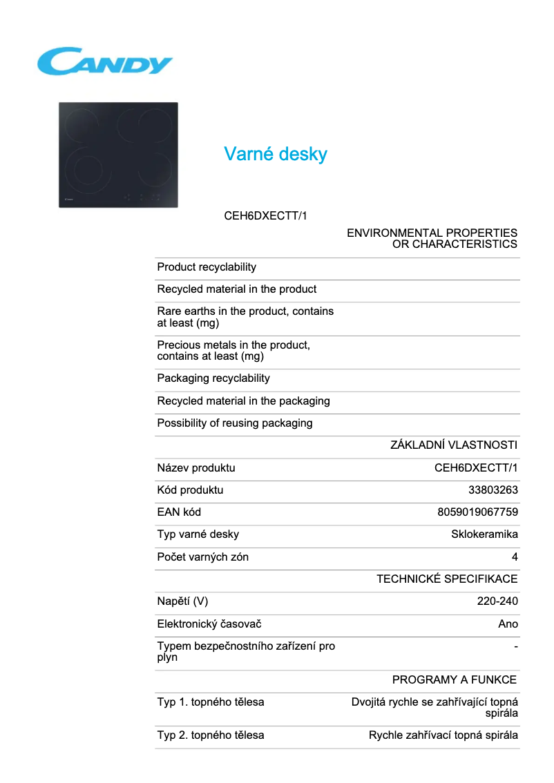 Page 1 of the manual Technical Sheet Candy CEH6DXECTT/1