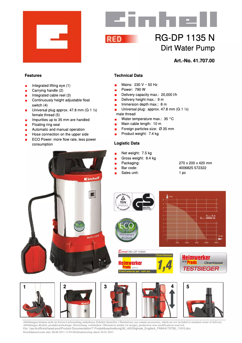 Page 1 of the manual Technical Sheet Einhell GE-DP 7935 N ECO