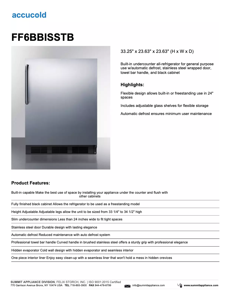 Page 1 of the manual Technical Sheet Summit FF6BBISSTB