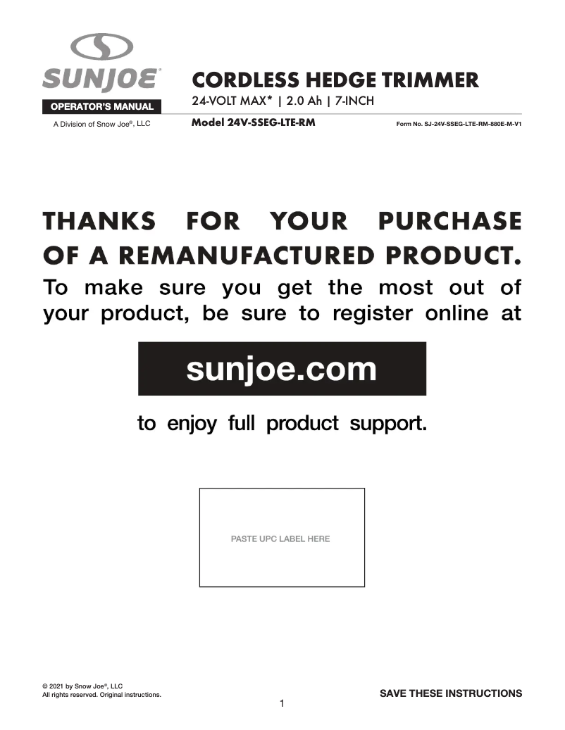 Page 1 of the manual User Manual Sun Joe 24V-SSEG-LTE-SJG-RM