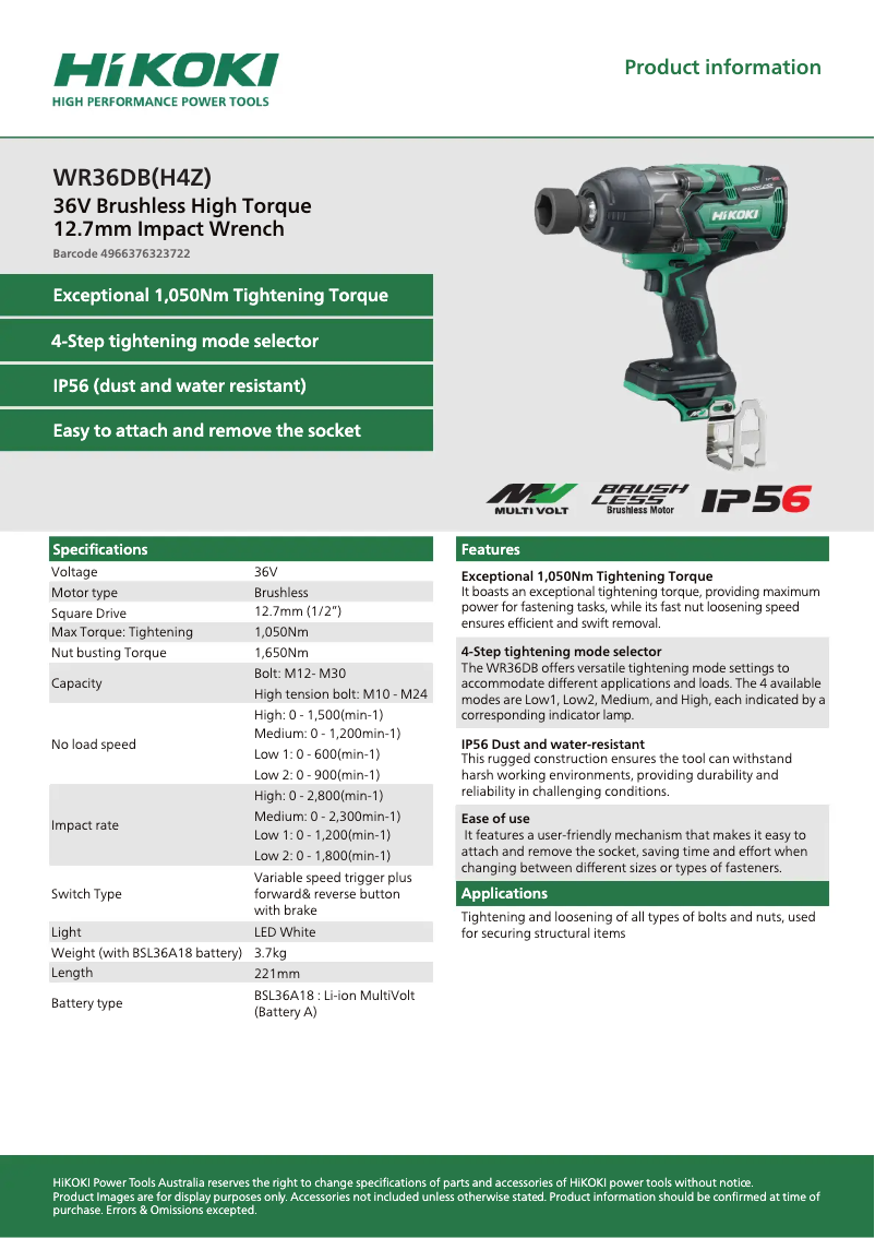 Page 1 of the manual Technical Sheet HiKOKI WR36DB(