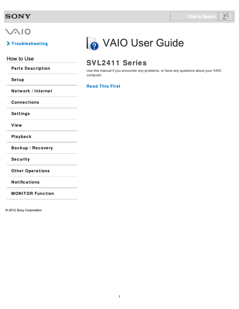 First page image of the manual for Vaio SVL24116FXB