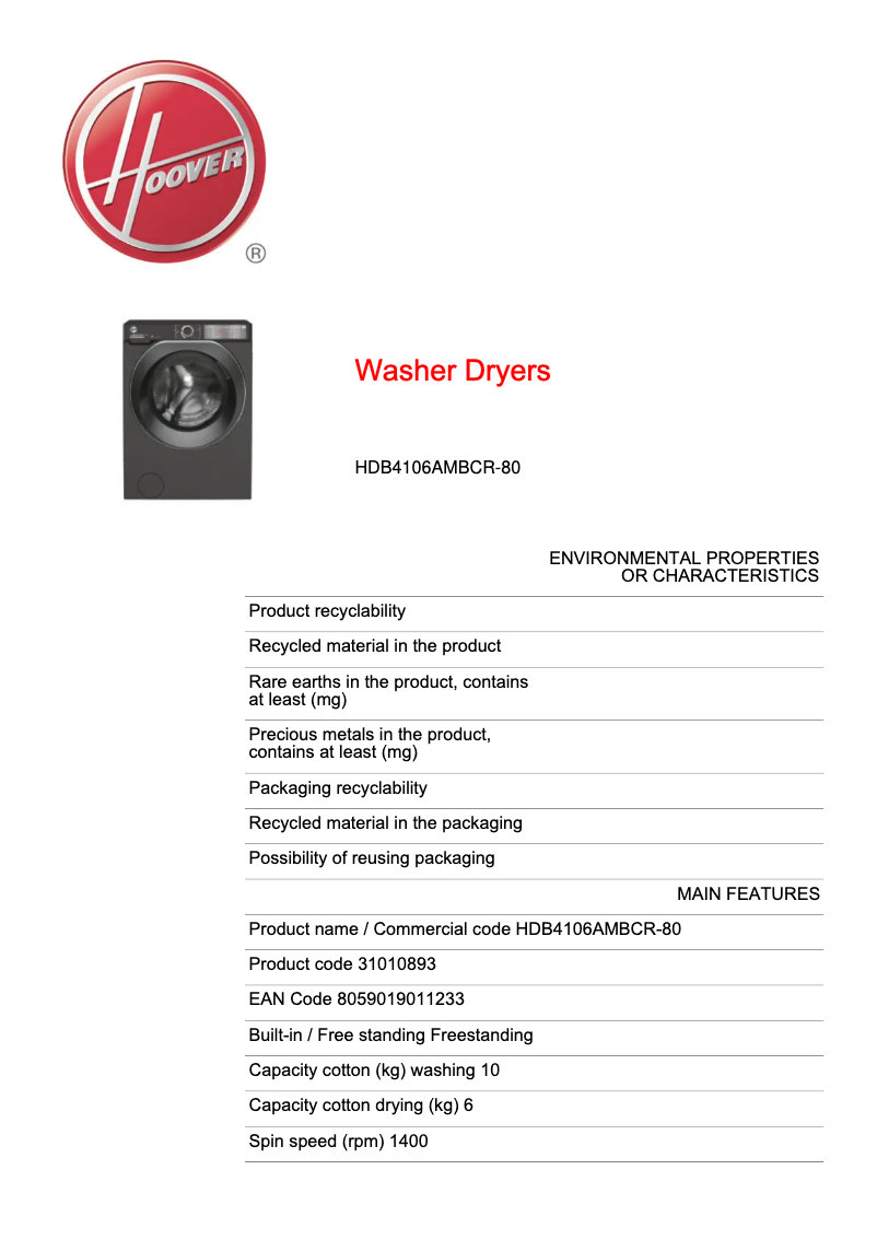 First page image of the manual for H-WASH&DRY 500 HDB4106AMBCR-80