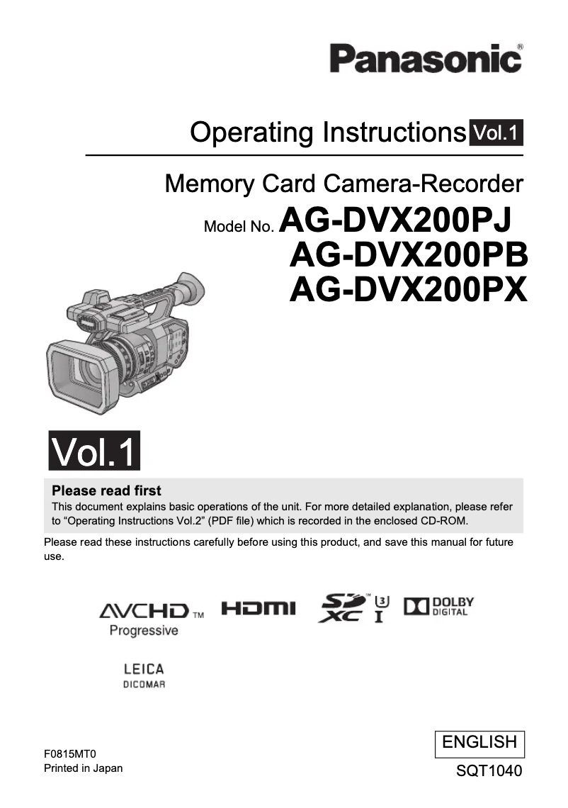 Page 1 of the manual User Manual Panasonic AG-DVX200PJ