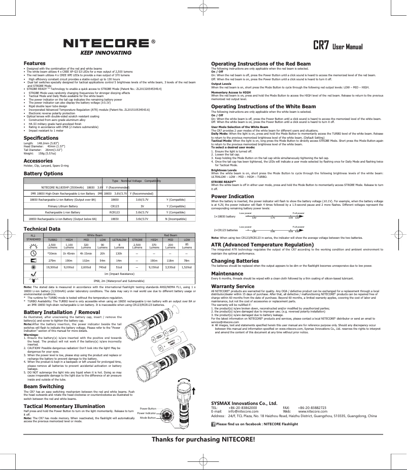 Page 1 of the manual User Manual Nitecore CR7
