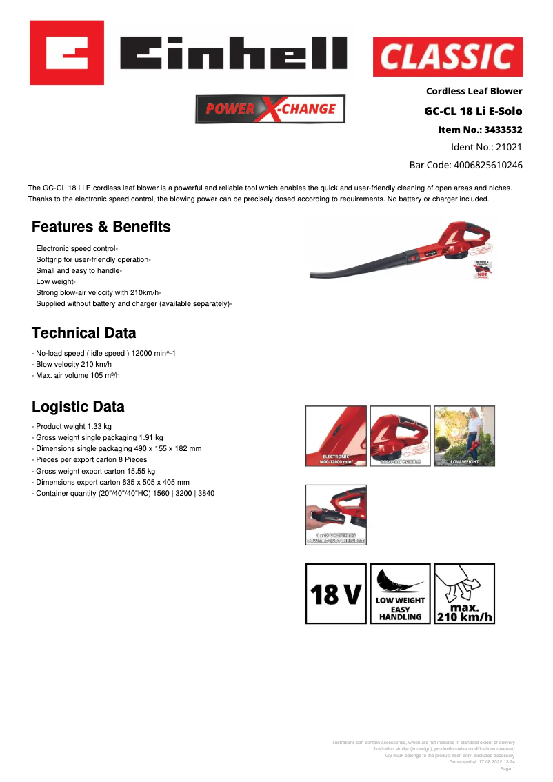 Page 1 of the manual Technical Sheet Einhell GC-CL 18 Li E
