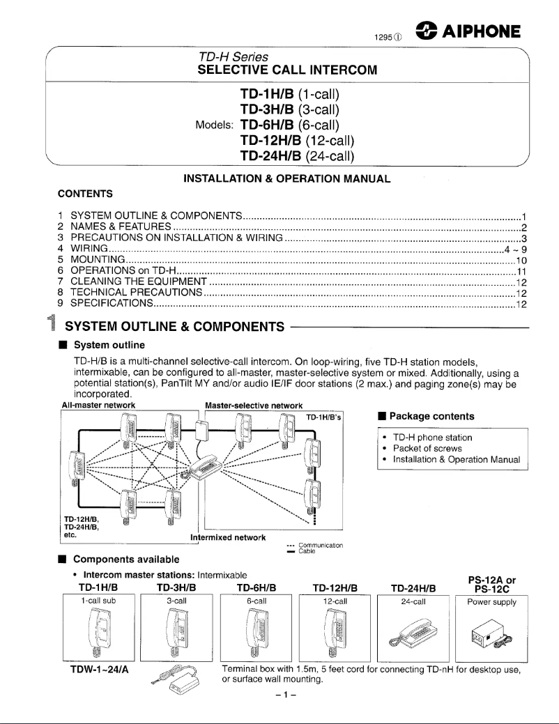 Page 1 of the manual User Manual Aiphone TD-24H/B