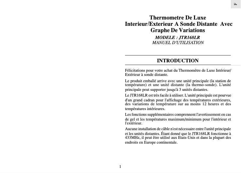 First page image of the manual for JTR168LR