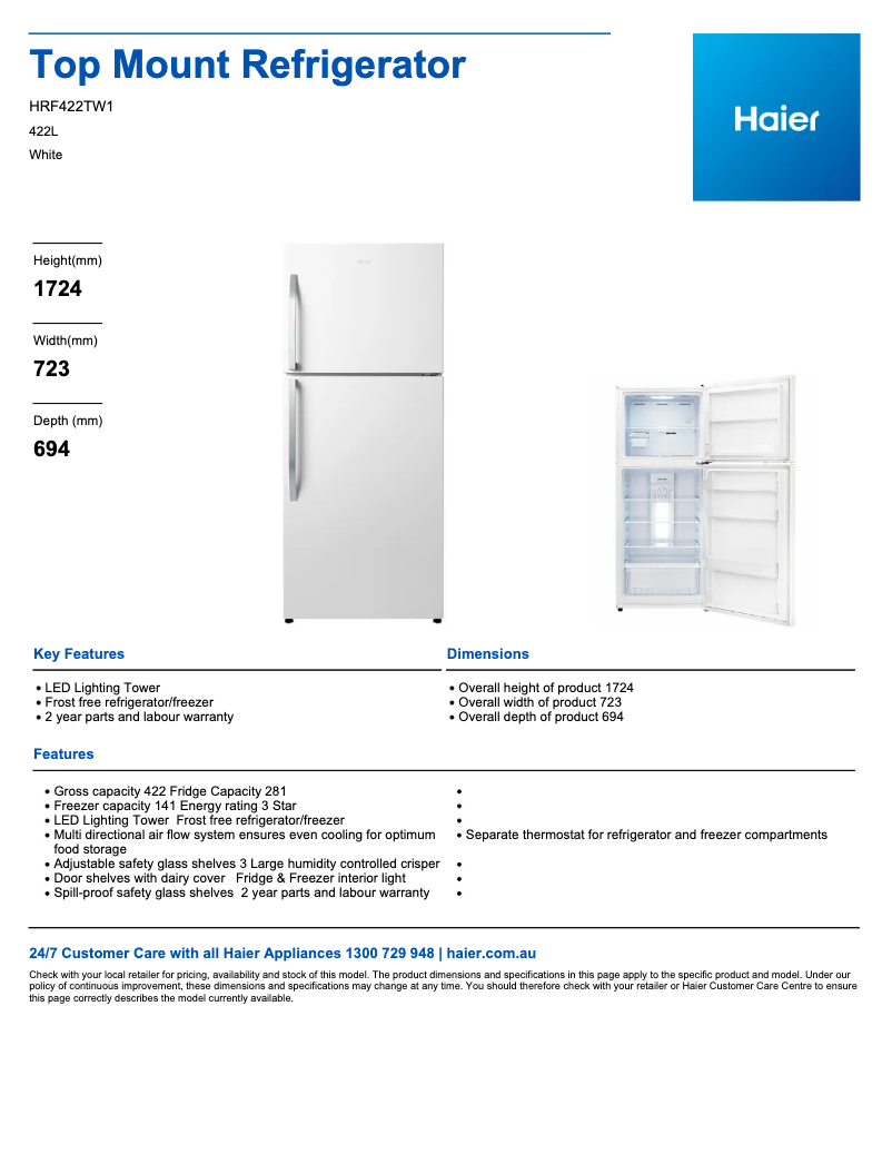 Page 1 of the manual Technical Sheet Haier HRF422TW1