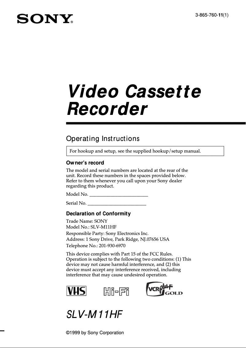 Page 1 of the manual User Manual Sony SLV-M11HF