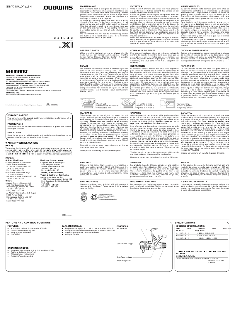 Page 1 of the manual User Manual Shimano IX 1000R