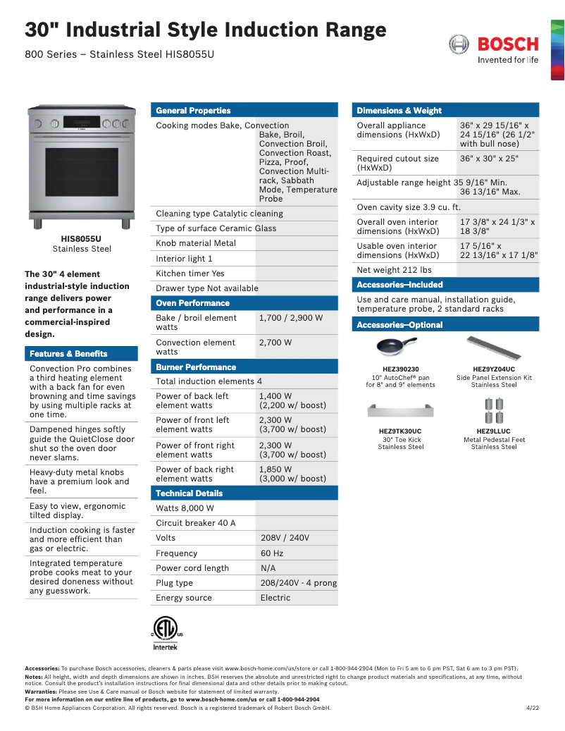 Page 1 of the manual Technical Sheet Bosch HIS8055U