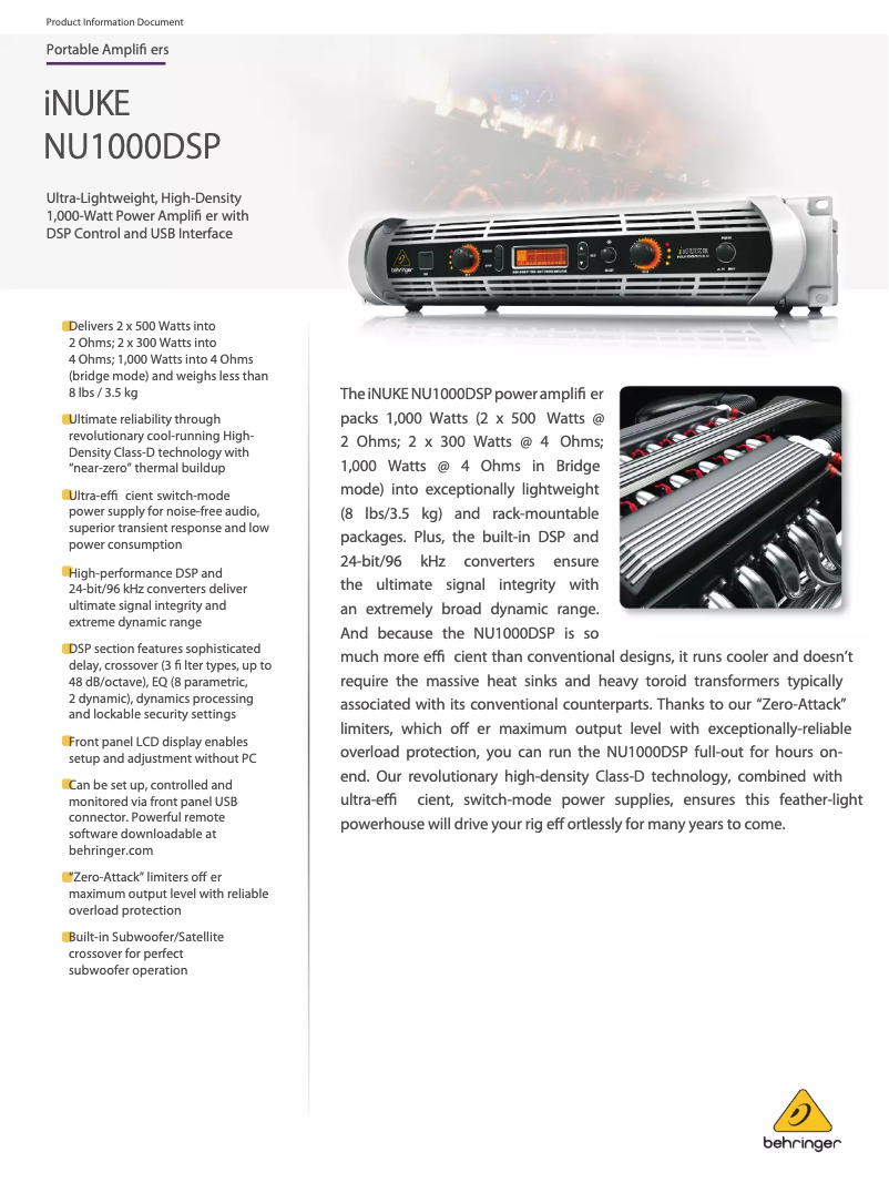 Page 1 of the manual Technical Sheet Behringer NU1000DSP
