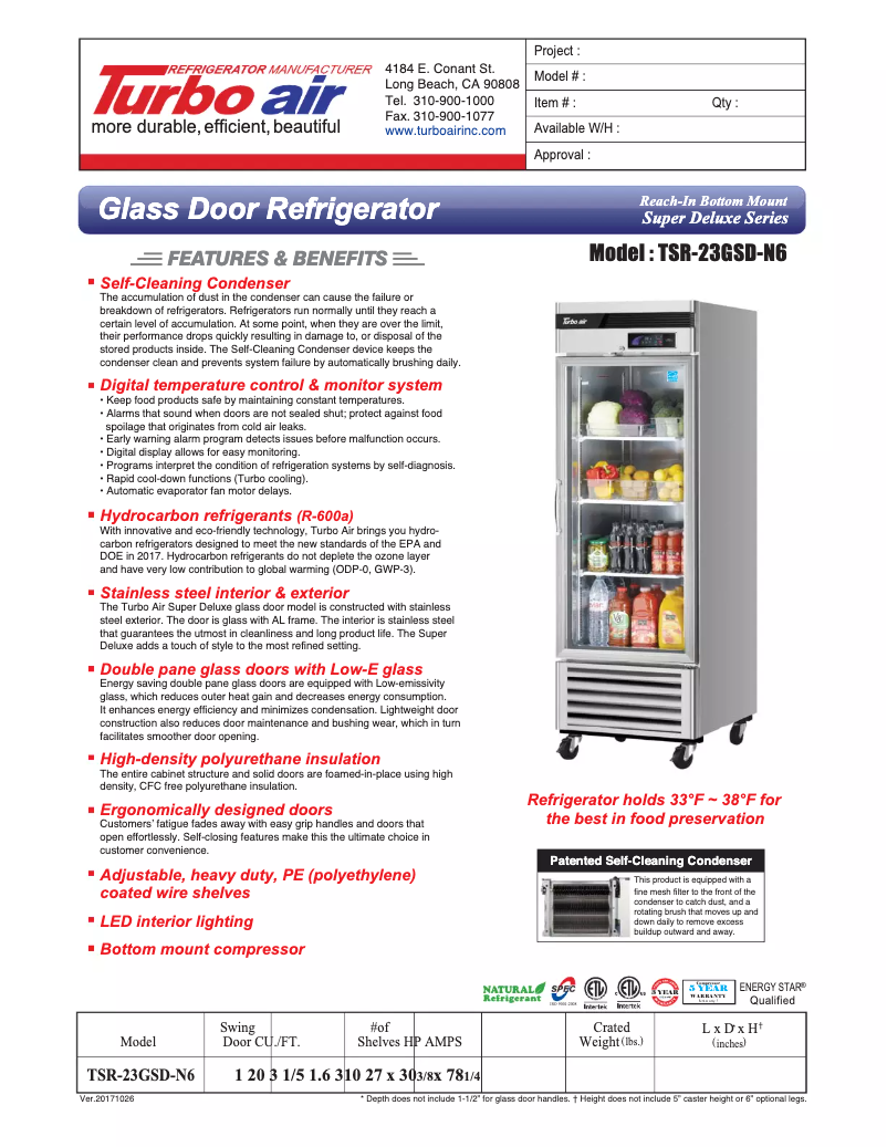 Page 1 of the manual Technical Sheet Turbo air MSR-23G-1