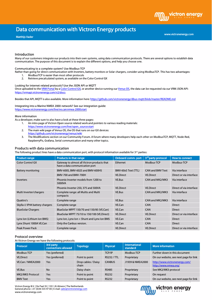 Page 1 of the manual Technical Sheet Victron Energy CANvu GX