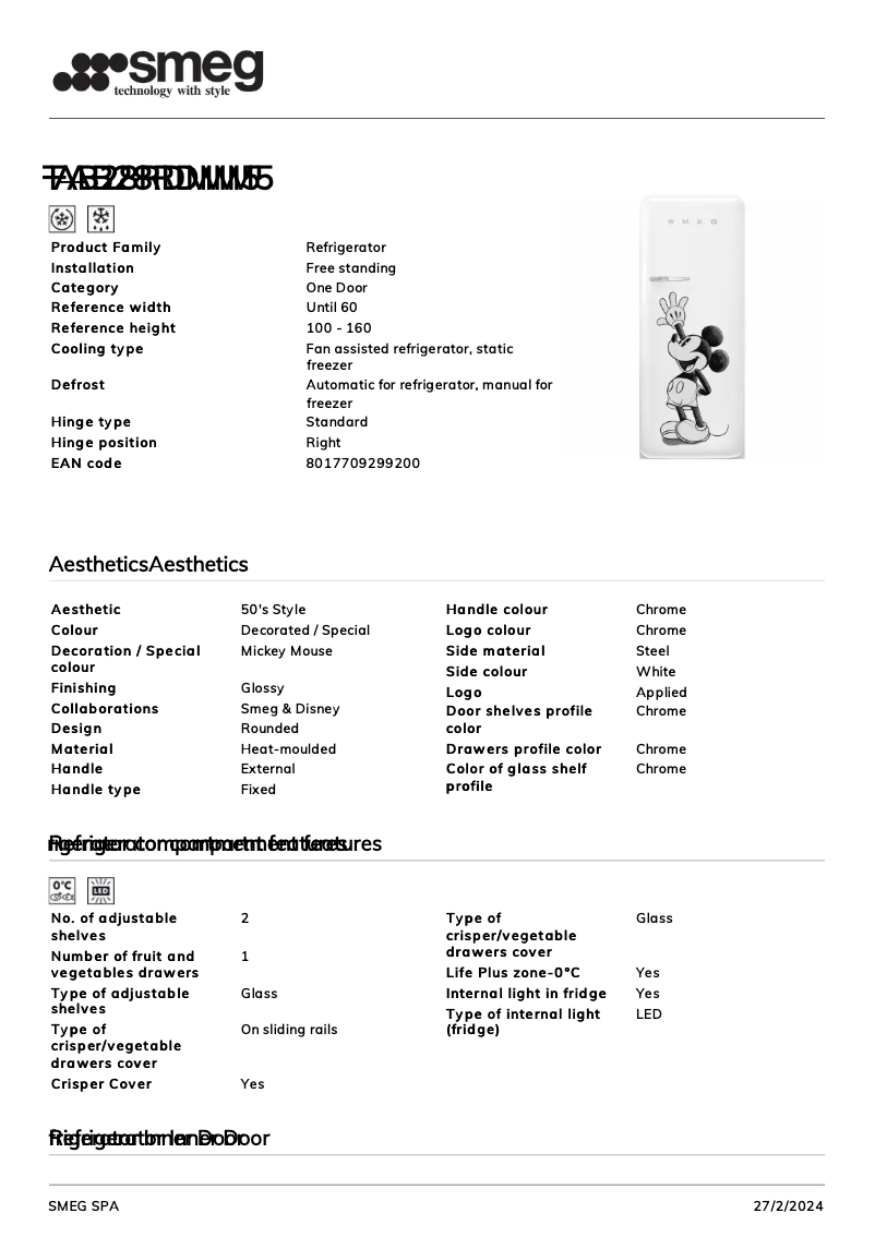 Page 1 of the manual Technical Sheet Smeg FAB28RDMM5