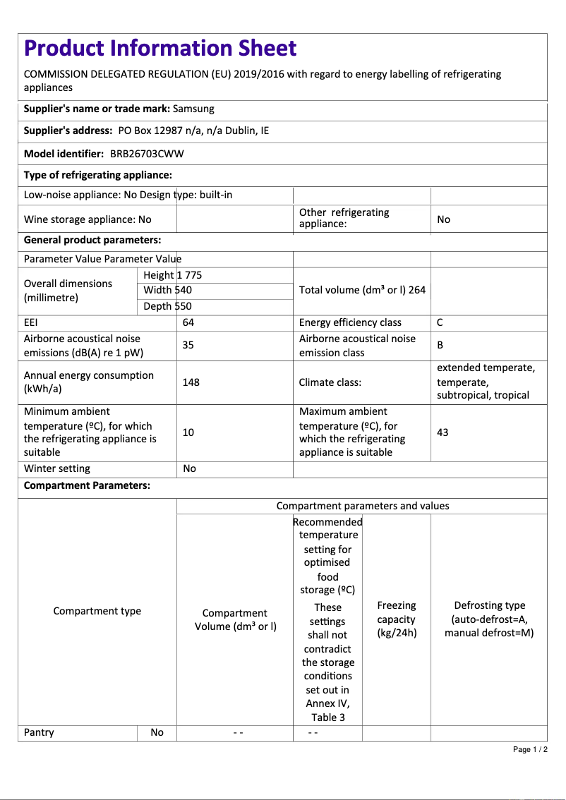 Page 1 of the manual Technical Sheet Samsung BRB26703CWW