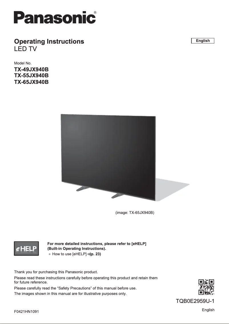 Page 1 of the manual Quick Start Guide Panasonic TX-55JX940B