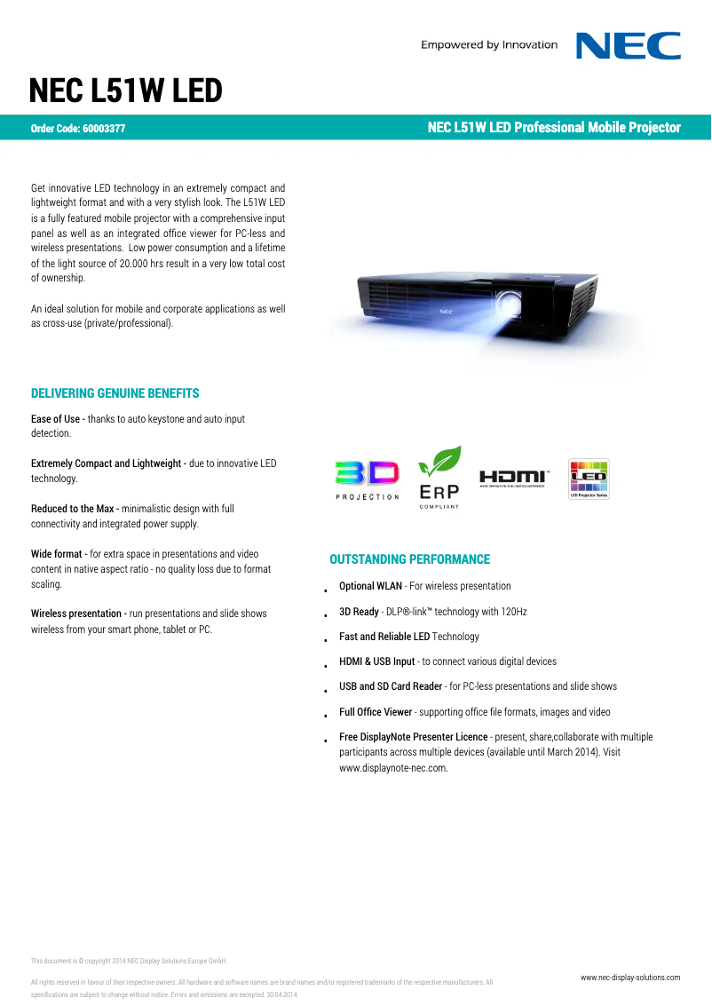 Page 1 of the manual Technical Sheet NEC L51W