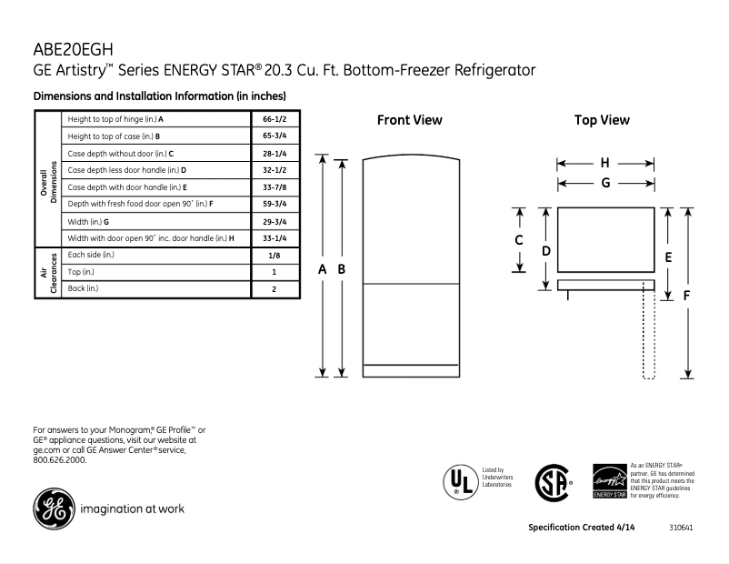 Page 1 of the manual Technical Sheet GE Artistry ABE20EGHBS