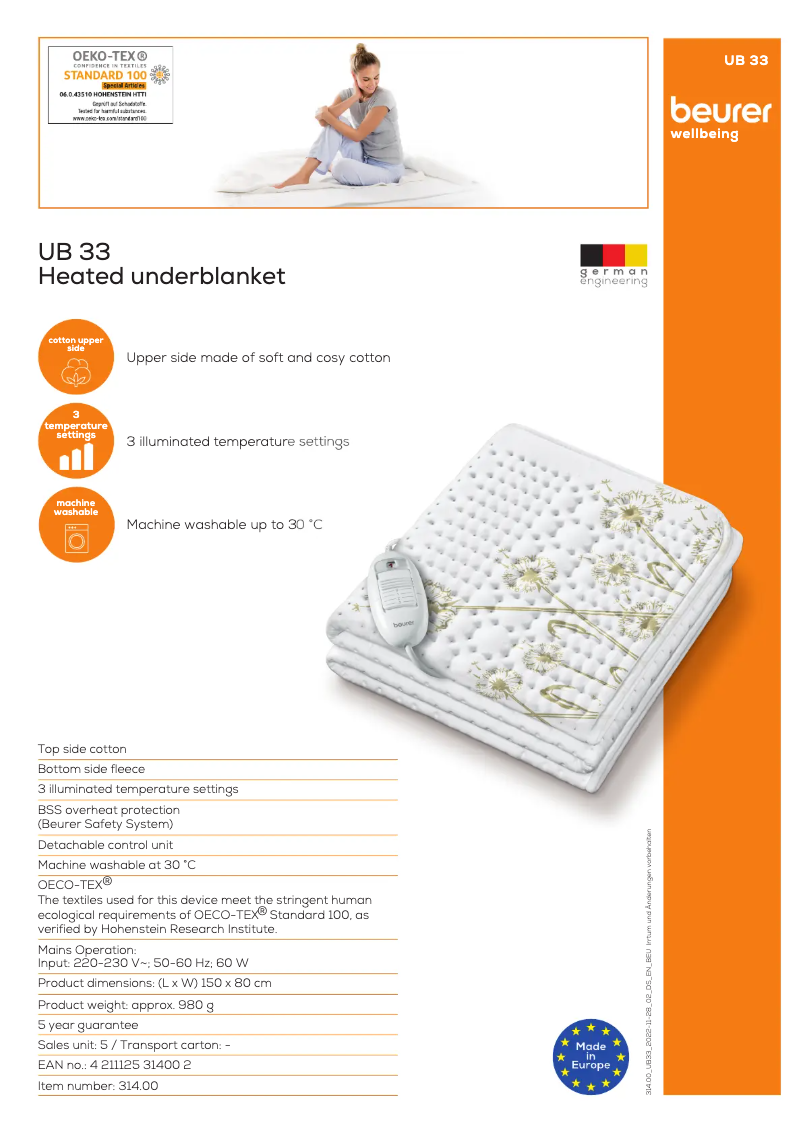 Page 1 of the manual Technical Sheet Beurer UB 33