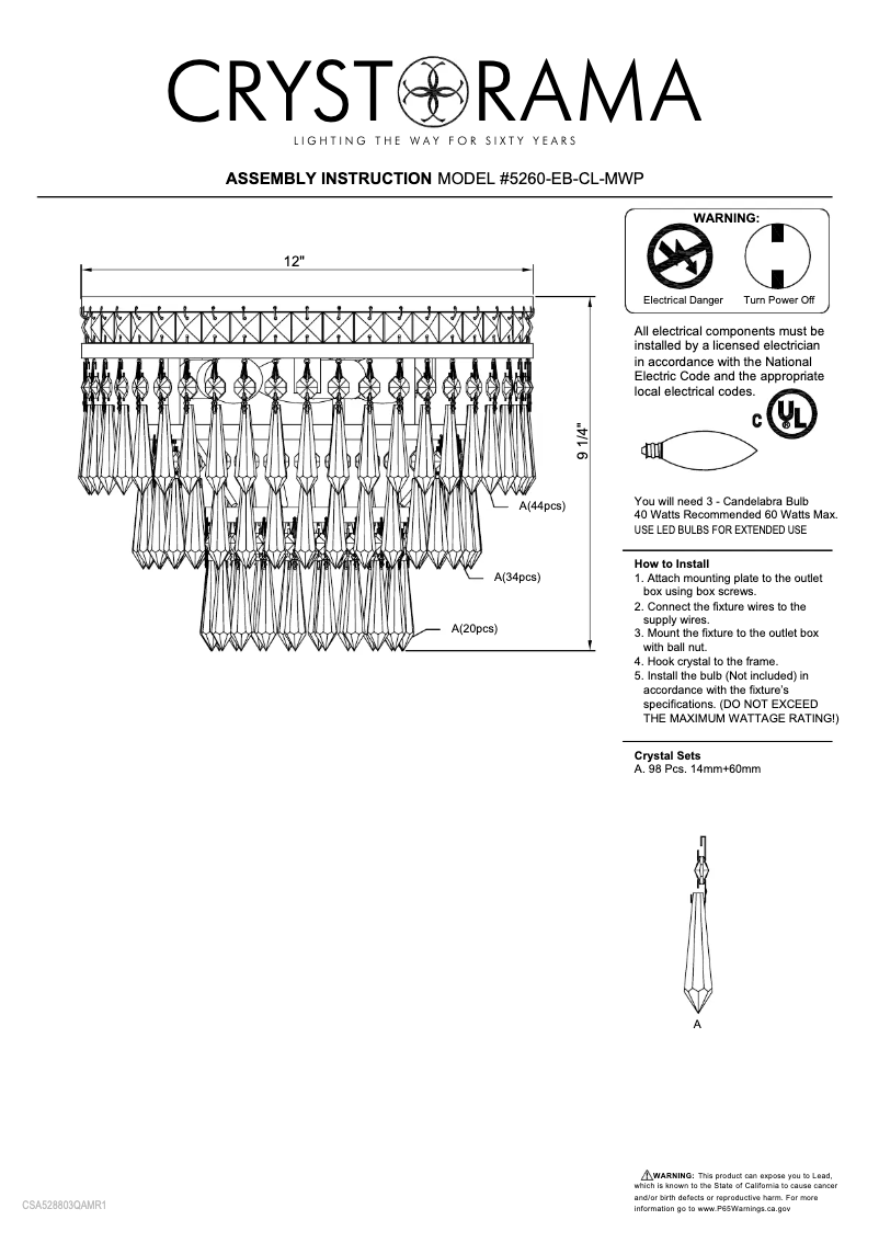 Page 1 of the manual User Manual Crystorama Mercer 5260-EB-CL-MWP