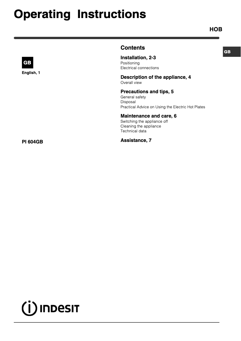 Page 1 of the manual User Manual Indesit PI 604 (IX) GB