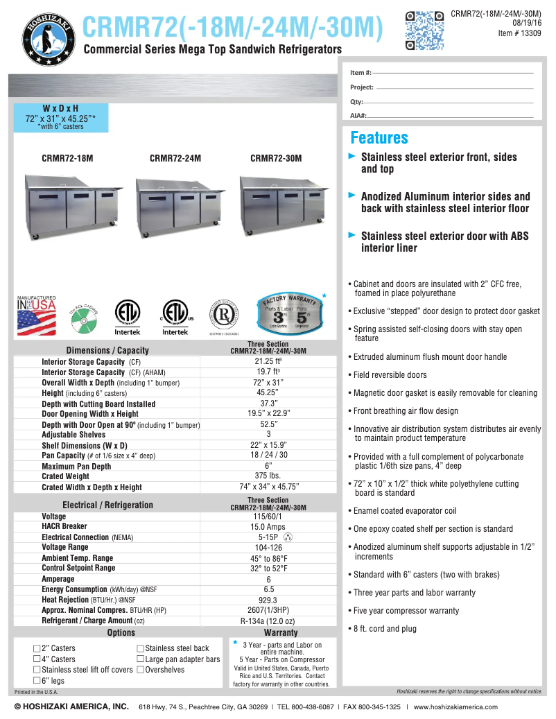 Page 1 of the manual Technical Sheet Hoshizaki CRMR72-24M